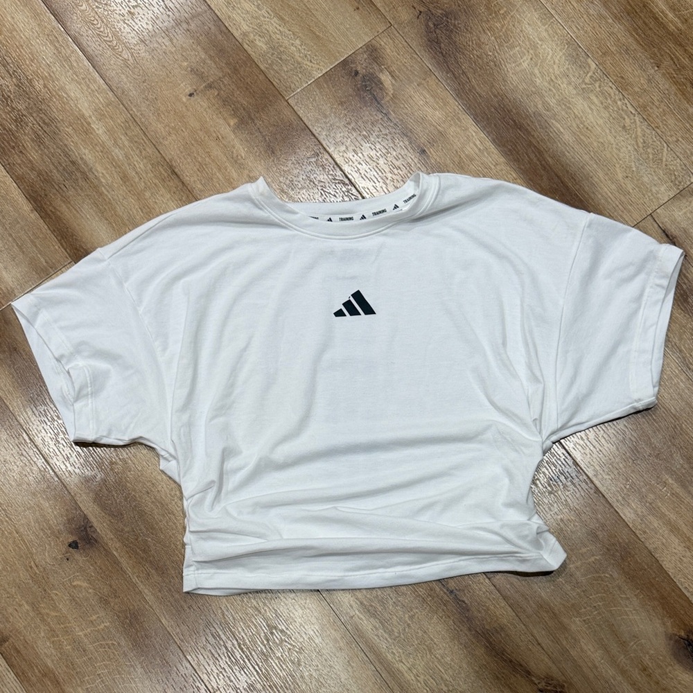 adidas White Cropped Logo Tee with Black Trefoil Accent